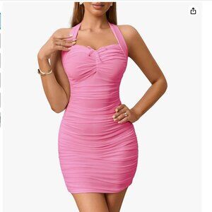 NWT Pink Women's Sexy Halter Ruched Backless Mini Dress Large